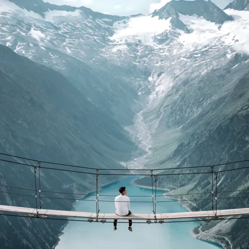 A person on a suspension bridge above a valley