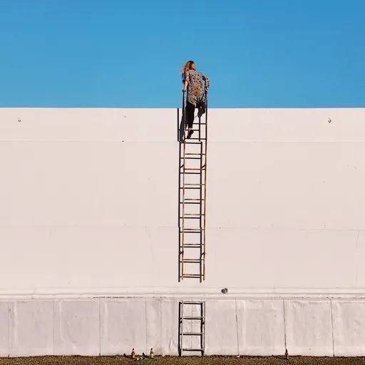 A person climbing a ladder over a tall wall